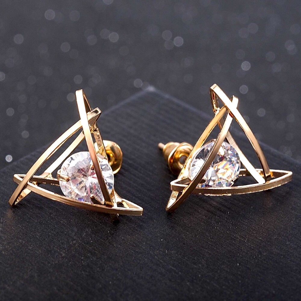 3D Gold Caged Diamond Stud Earrings - Picture 2 of 4